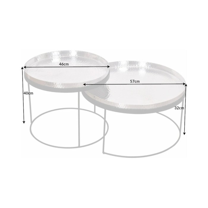 Niedrige Beistelltische VORTEX in Silber, Aluminium – 2er Set runde Tische im gehämmerten Design