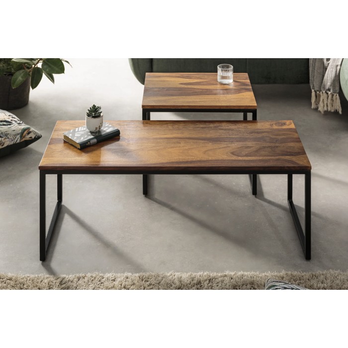 Stapelbare Couchtische VORTEX aus massivem Sheeshamholz und schwarzem Metall – 2er-Set im Industriedesign