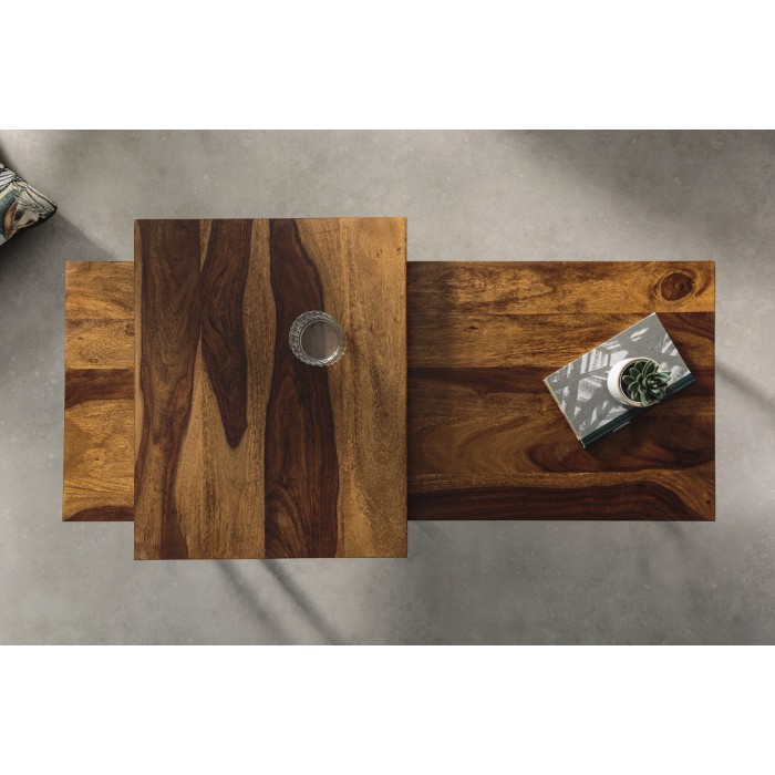 Stapelbare Couchtische VORTEX aus massivem Sheeshamholz und schwarzem Metall – 2er-Set im Industriedesign