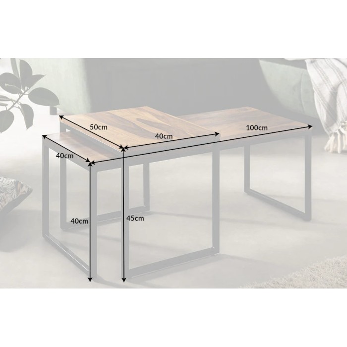 Stapelbare Couchtische VORTEX aus massivem Sheeshamholz und schwarzem Metall – 2er-Set im Industriedesign
