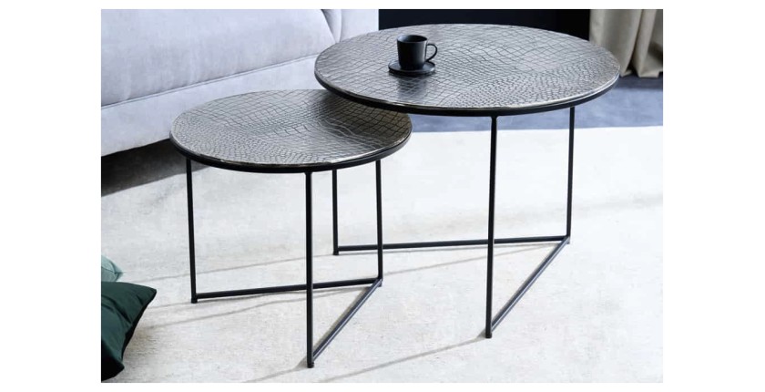 Tables basses gigognes grises écaillées VORTEX mises en situation