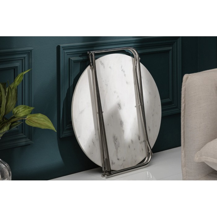 Ronde salontafel VINTORA wit marmer en zilver metaal - elegante moderne opvouwbare tafel