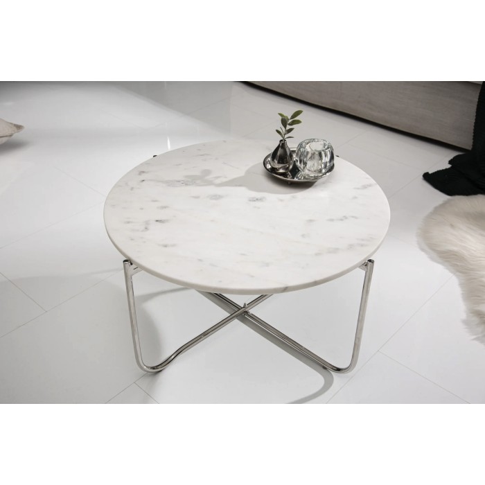 Ronde salontafel VINTORA wit marmer en zilver metaal - elegante moderne opvouwbare tafel