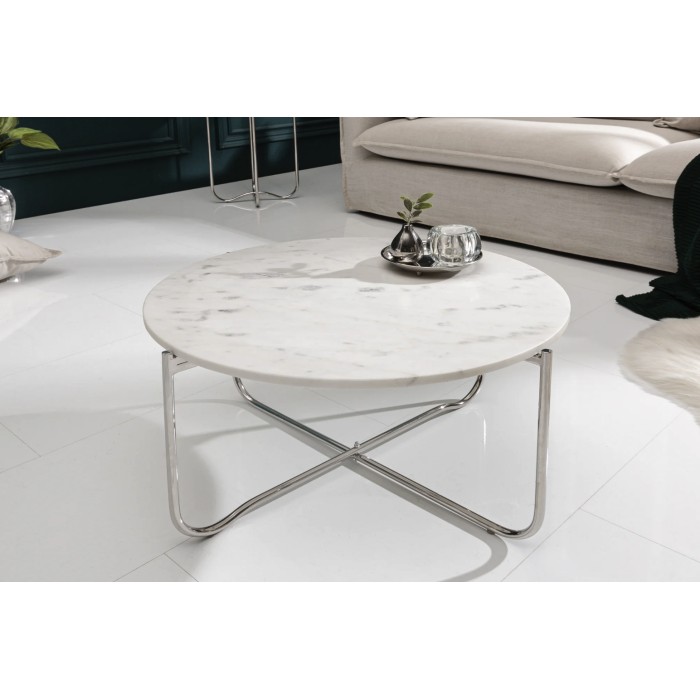 Ronde salontafel VINTORA wit marmer en zilver metaal - elegante moderne opvouwbare tafel