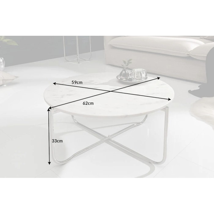 Ronde salontafel VINTORA wit marmer en zilver metaal - elegante moderne opvouwbare tafel