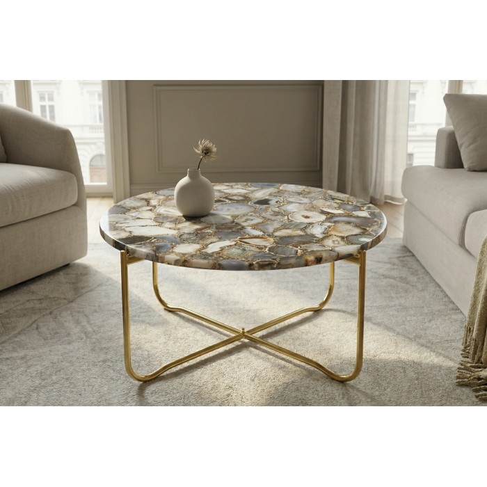 Ronde salontafel VINTORA met gekleurde agaat en goudkleurig metaal – hoogwaardige moderne design tafel