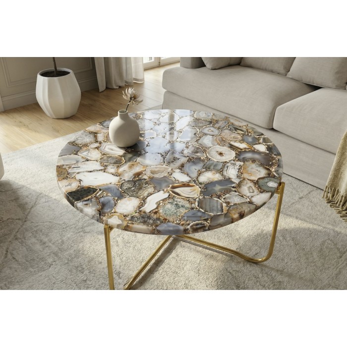 Ronde salontafel VINTORA met gekleurde agaat en goudkleurig metaal – hoogwaardige moderne design tafel