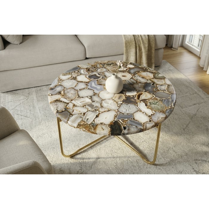 Ronde salontafel VINTORA met gekleurde agaat en goudkleurig metaal – hoogwaardige moderne design tafel