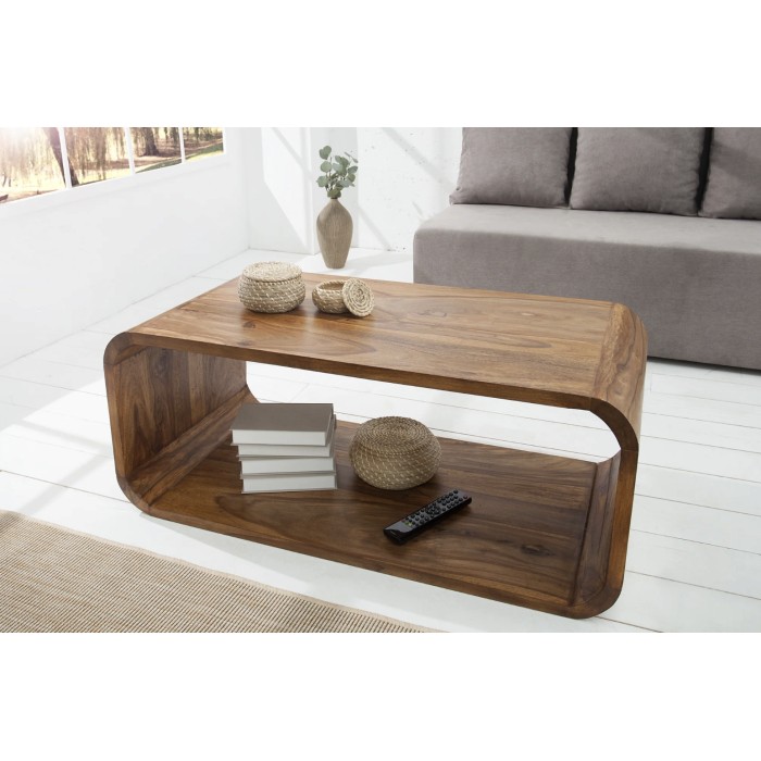Lage tafel CURVENA massief Sheesham hout - design tafel met vak in natuurlijke chique stijl