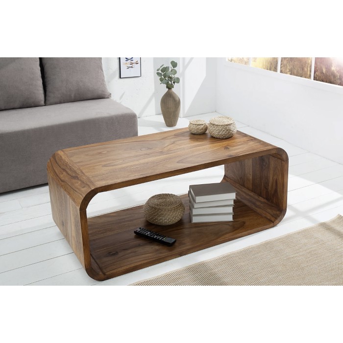 Lage tafel CURVENA massief Sheesham hout - design tafel met vak in natuurlijke chique stijl