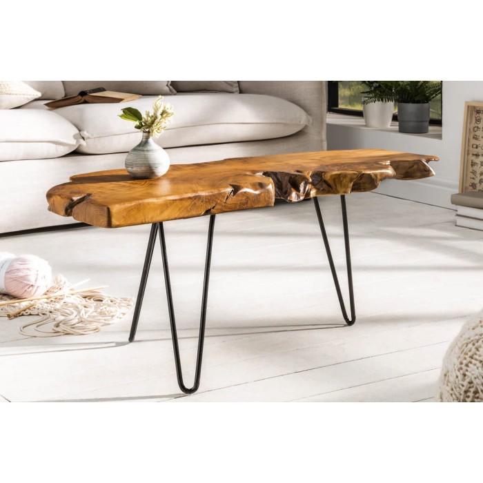 Niedriger Tisch RIVET Massivholz Teak organische Form und schwarzes Metall – authentischer industrieller Design-Tisch
