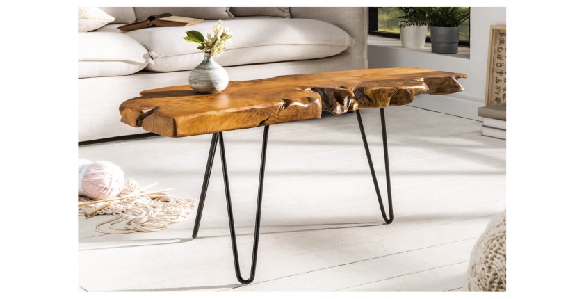 Table basse RIVET en bois de Teck 100cm vue de côté
