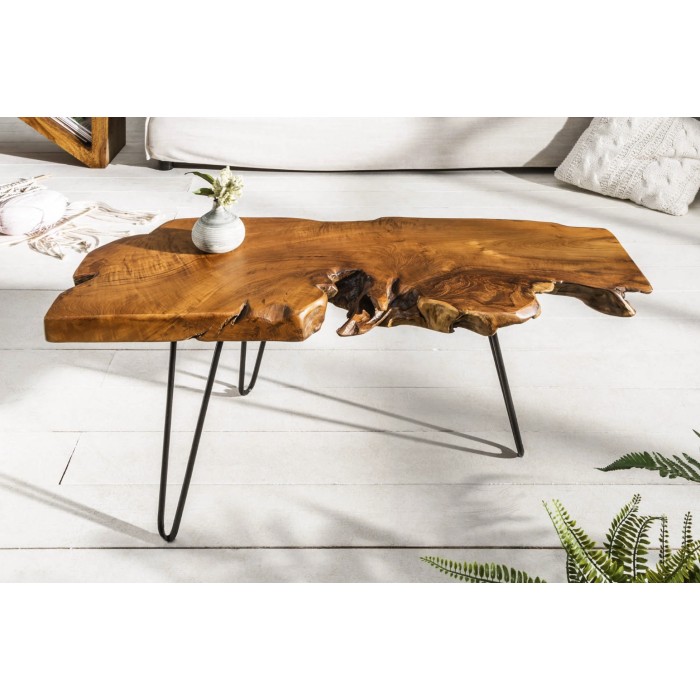 Niedriger Tisch RIVET Massivholz Teak organische Form und schwarzes Metall – authentischer industrieller Design-Tisch