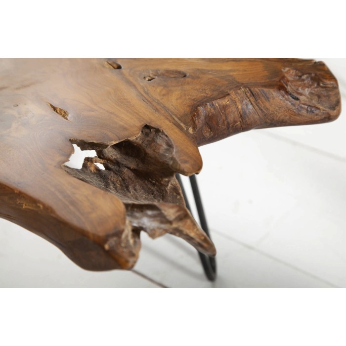 Niedriger Tisch RIVET Massivholz Teak organische Form und schwarzes Metall – authentischer industrieller Design-Tisch