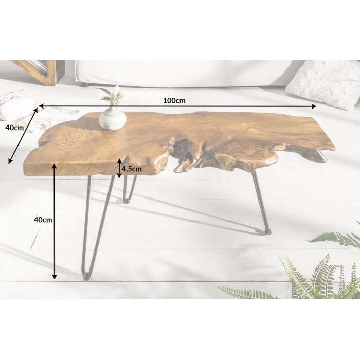 Niedriger Tisch RIVET Massivholz Teak organische Form und schwarzes Metall – authentischer industrieller Design-Tisch