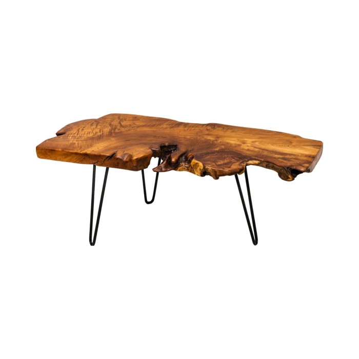 Niedriger Tisch RIVET Massivholz Teak organische Form und schwarzes Metall – authentischer industrieller Design-Tisch
