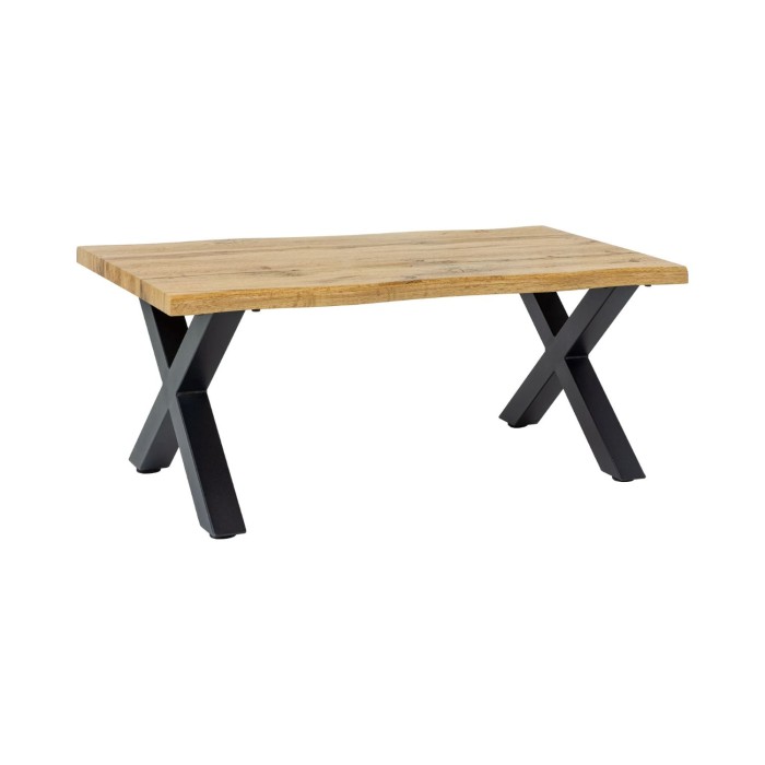 Lage salontafel RIVET natuurlijk houteffect en zwarte metalen X-poten - robuust industrieel design