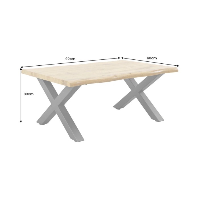 Lage salontafel RIVET natuurlijk houteffect en zwarte metalen X-poten - robuust industrieel design