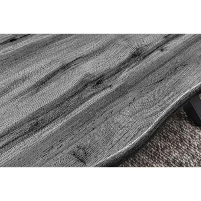 Couchtisch RIVET in grauer Holzoptik und schwarzem Metallgestell in X-Form – modernes Industriedesign