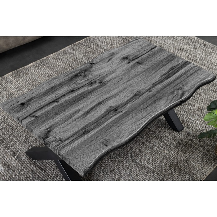 Couchtisch RIVET in grauer Holzoptik und schwarzem Metallgestell in X-Form – modernes Industriedesign