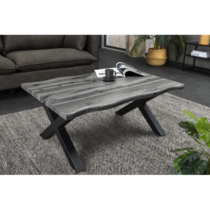 Couchtisch RIVET in grauer Holzoptik und schwarzem Metallgestell in X-Form – modernes Industriedesign