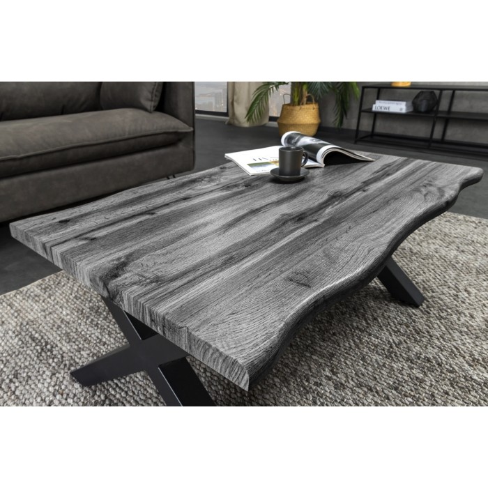 Couchtisch RIVET in grauer Holzoptik und schwarzem Metallgestell in X-Form – modernes Industriedesign