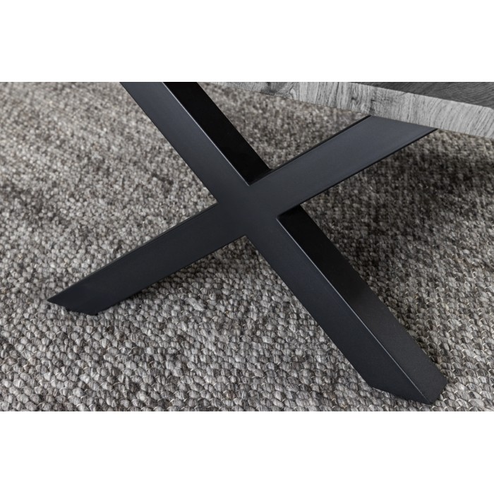 Couchtisch RIVET in grauer Holzoptik und schwarzem Metallgestell in X-Form – modernes Industriedesign