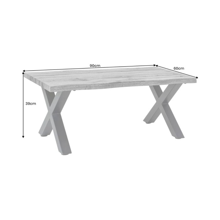 Couchtisch RIVET in grauer Holzoptik und schwarzem Metallgestell in X-Form – modernes Industriedesign