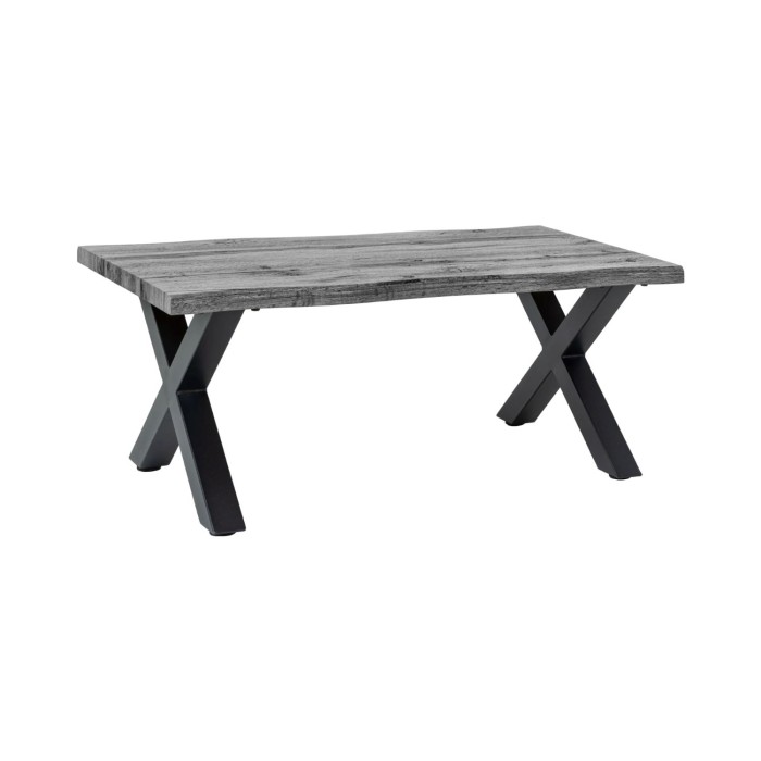 Couchtisch RIVET in grauer Holzoptik und schwarzem Metallgestell in X-Form – modernes Industriedesign