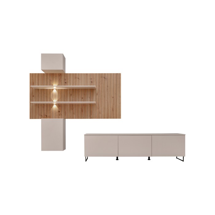 Composizione murale ALVORA (Beige & Rovere) – Pannello murale, mobili a parete e mobile TV