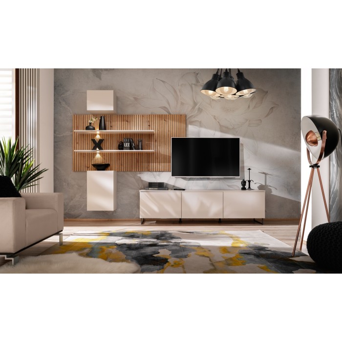 Composizione murale ALVORA (Beige & Rovere) – Pannello murale, mobili a parete e mobile TV