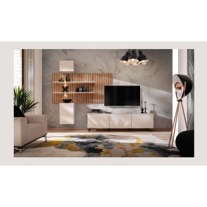 Composition murale ALVORA (Beige & Chêne) – Panneau mural, meubles muraux et meuble TV