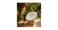 Fauteuil de jardin en résine tressée beige avec coussin gris clair – 96x85x80 cm – Élégance et confort