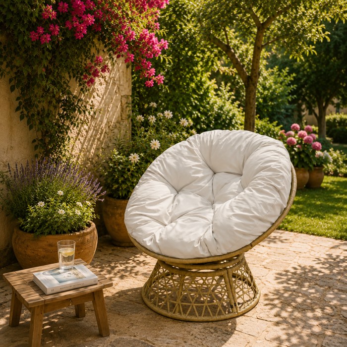 Fauteuil de jardin en résine tressée beige avec coussin gris clair – 96x85x80 cm – Élégance et confort