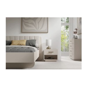 Bed 2-persoons AMALIE 180x200 cm - Gestoffeerd hoofdbord beige stof - Zacht design en afgeronde hoeken - Lattenbodem niet inbegr