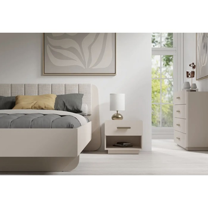Letto contenitore AMALIE 180x200 cm – Testiera rivestita in tessuto beige – Rete inclusa – Materasso non incluso