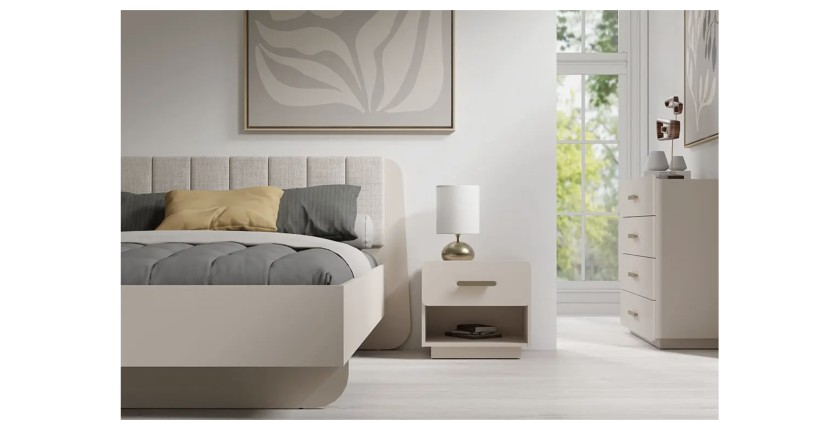 Letto contenitore AMALIE 180x200 cm – Testiera rivestita in tessuto beige – Rete inclusa – Materasso non incluso