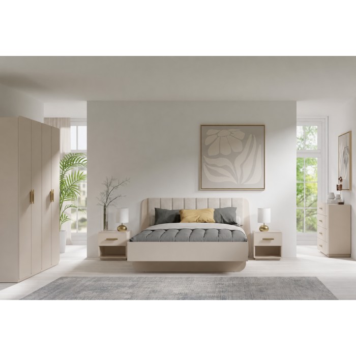 Camera completa AMALIE beige – Letto 160x200 cm con doghe, armadio, cassettiera e 2 comodini