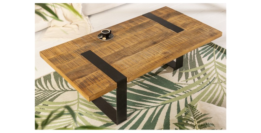 Table basse LODEN 100 cm bois massif de manguier et métal noir – design industriel