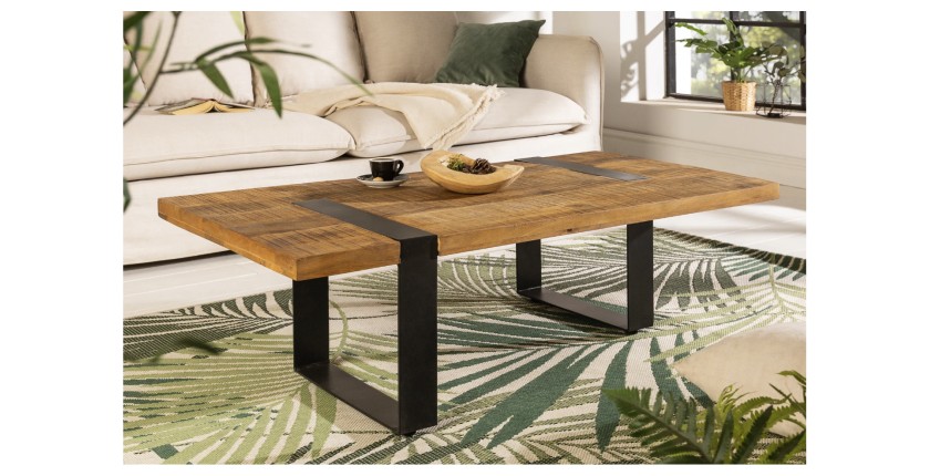 Table basse LODEN 100 cm bois massif de manguier et métal noir – design industriel