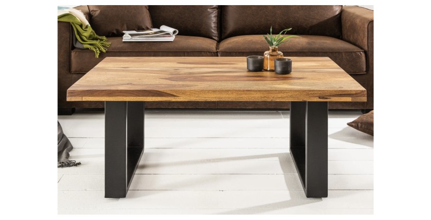 Table basse LODEN 100 cm en bois massif de Sheesham et métal noir – style industriel