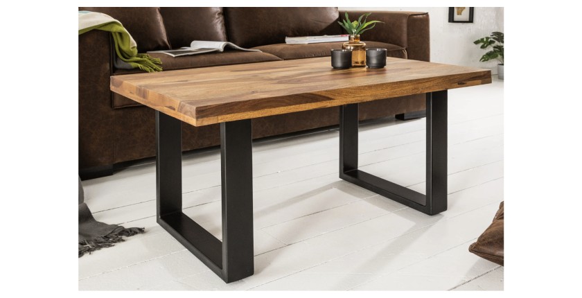 Table basse LODEN 100 cm en bois massif de Sheesham et métal noir – style industriel