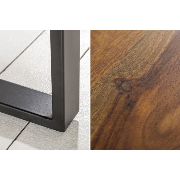 Zoom sur les détails de la table basse LODEN 100cm en bois de Sheesham avec pieds en U