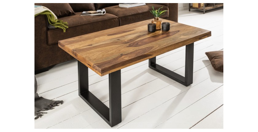 Table basse LODEN 100 cm en bois massif de Sheesham et métal noir – style industriel