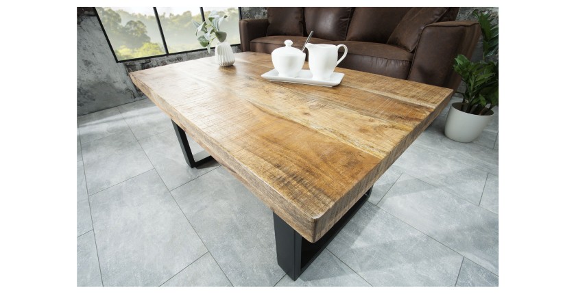 Table basse LODEN 100 cm en bois massif de manguier et métal noir – style industriel