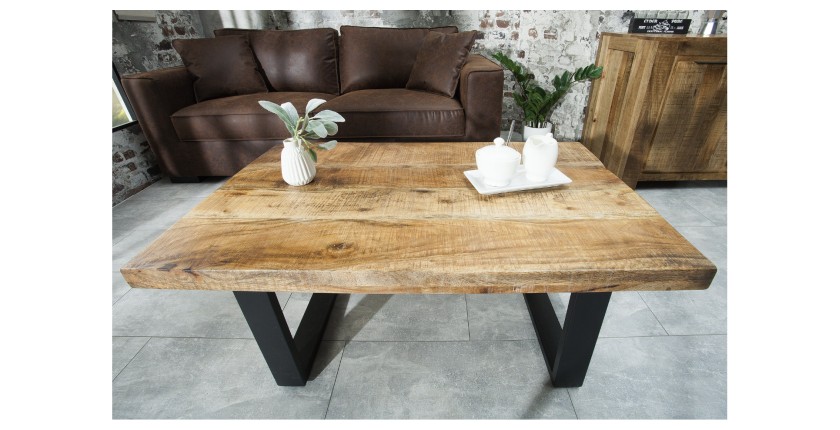Table basse LODEN 100 cm en bois massif de manguier et métal noir – style industriel