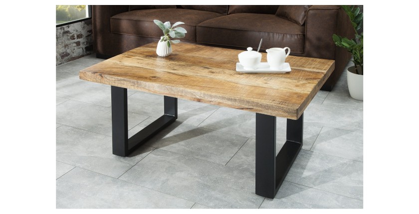 Table basse LODEN 100 cm en bois massif de manguier et métal noir – style industriel