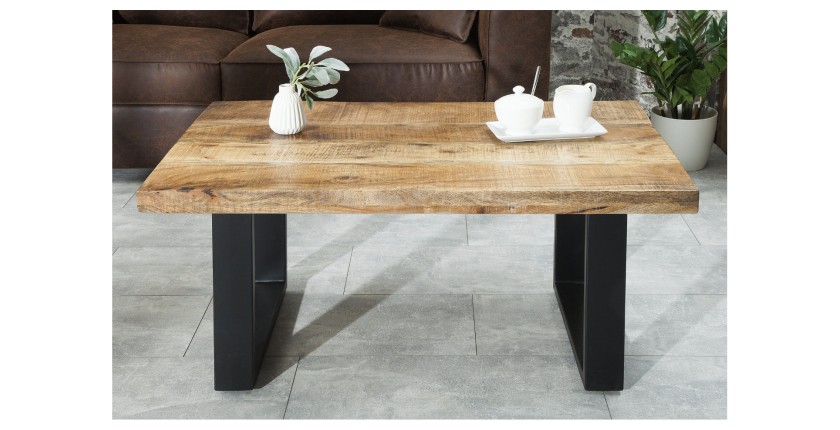 Table basse LODEN 100 cm en bois massif de manguier et métal noir – style industriel