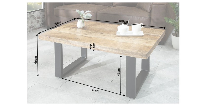 Table basse LODEN 100 cm en bois massif de manguier et métal noir – style industriel