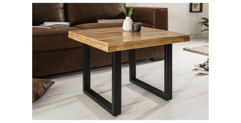 Table basse LODEN 60 cm en bois massif de manguier et métal noir – style industriel